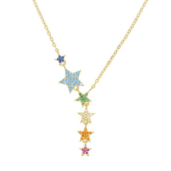 

chokers micro pave colorful cz star charm 6 pcs rainbow zirconia link chain y shape gold necklace for women, Golden;silver