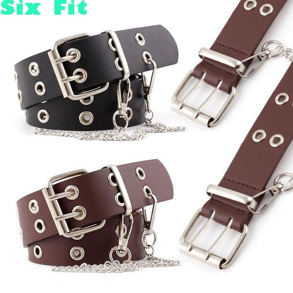 

2020 women punk chain pu leather fashion pin buckle jeans decorative belt chain belts for lady double row hole belt, Black;brown