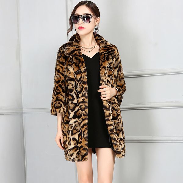 

female leopard grain imitation fur coat of new fund of 2020 autumn winters is 7 minutes sleeve female long, Black