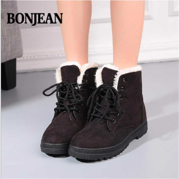 

boots bonjean women snow winter warm big size for lace up flat shoes woman thick fur cotton plus 35-44, Black