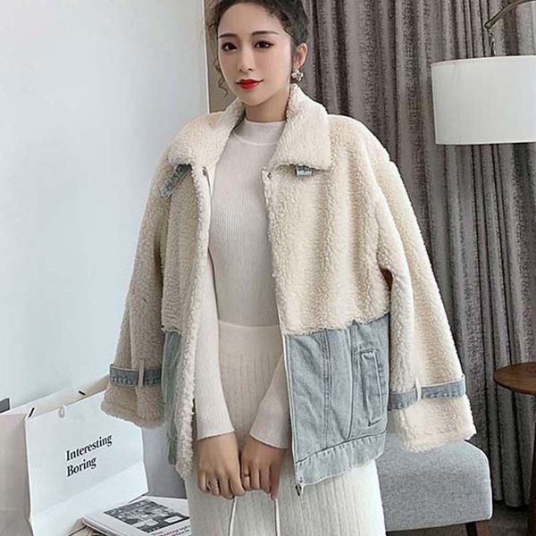 

autumn winter thick warm loose faux lambswool stitching denim coat short cotton-padded jacket plus size light blue jeans jacket, Black