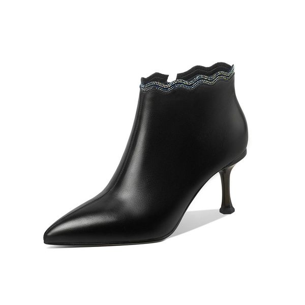 

boots fashion women ankle autumn winter warm high heels shoes woman genuine leather pointed toe elegant office pumps, Black