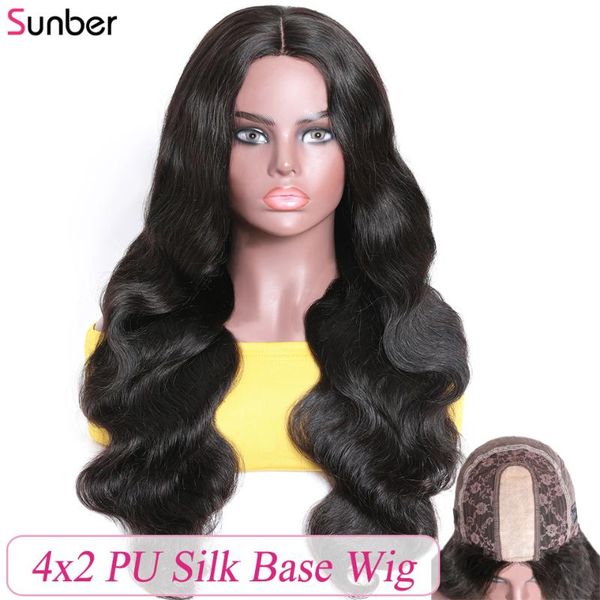 

sunber peruvian pu silk base body wave human hair wig 150% density remy near real scalp 4x2 pu lace frontal wig, Black;brown