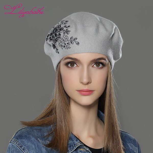 

liliyabaihe new women winter hat wool knitted berets cap with flower sequins diamond decoration solid colors fashion lady hat, Blue;gray