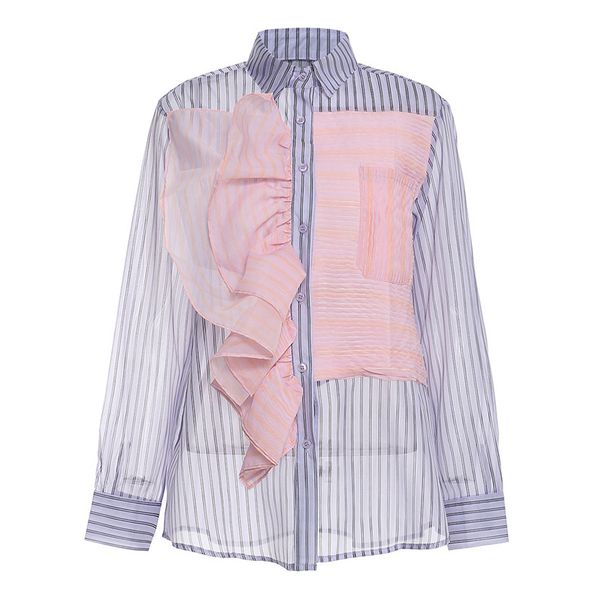 

sondr spring autumn 2020 women purple striped ruffles big size blouse new lapel long sleeve loose fit shirt fashion tide, White