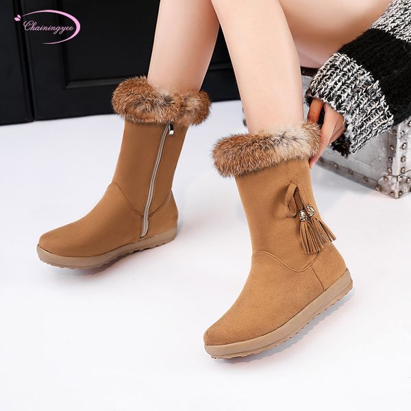 

casual winter warm plush snow boots round toe hair fringe bowknot black red yellow gray low heels women's mid-calf boots