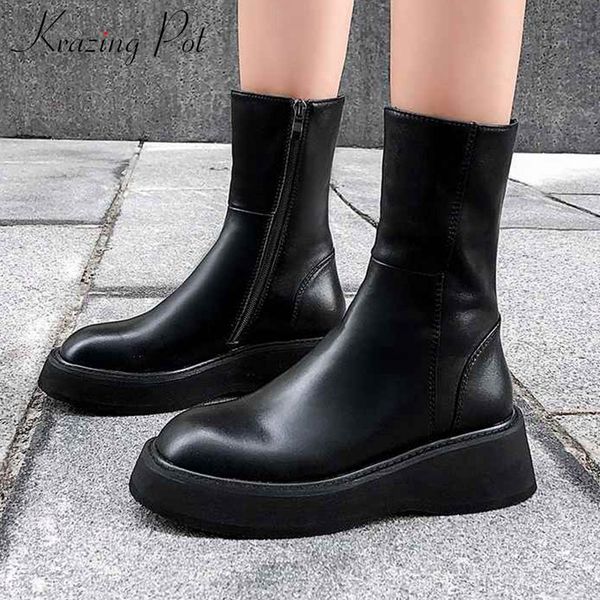 

krazing pot basic solid simple leisure cow leather boots round toe thick bottom winter keep warm women cozy mid-calf boots l66, Black