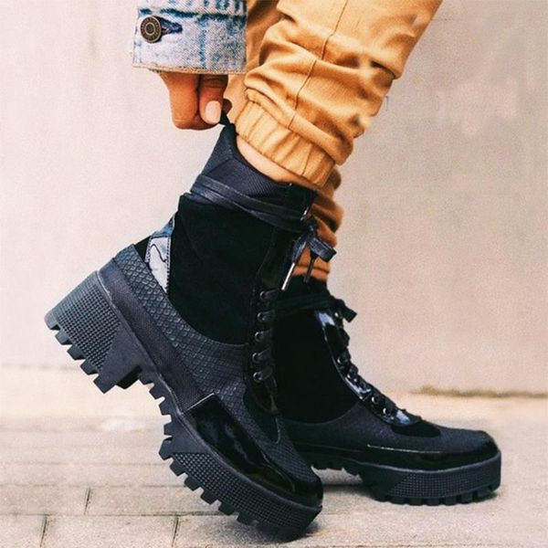 

women's boots 2020 autumn black thick bottom platform fashion boots pu leather lace up mid heel ladies winter warm shoes