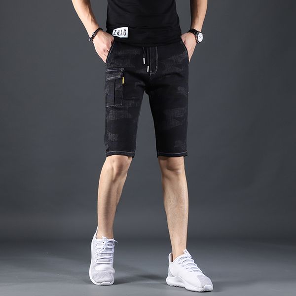 

denim men black camouflage shorts summer straight short jeans 2020 fashion side pocket drawstring stretch knee length jean, Blue