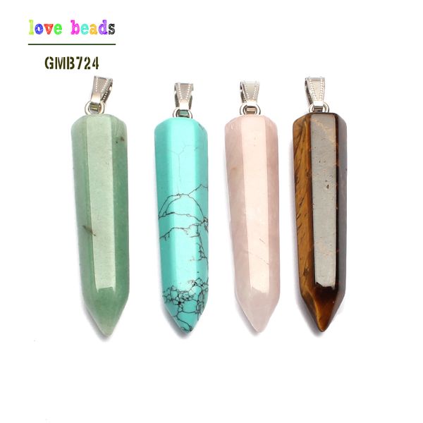 

natural stone pendants 53mm hexagon tube pendant turquoises jaspers opal rose quartzs aventurine healing spiritual beads, Bronze;silver