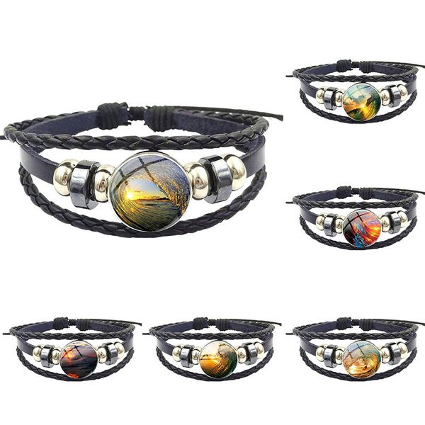 

charm bracelets waves and sunset for men women giftfasmous brand jewelry with glass cabochon black leather bracelet bangle, Golden;silver
