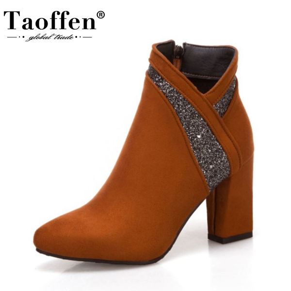 

taoffen size 32-43 new women ankle boots round toe thick high heel zipper flock bling shoes outdoor female footwear winter, Black