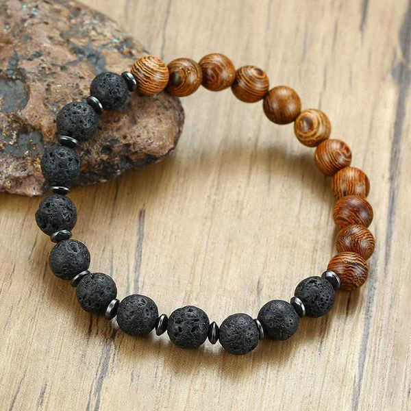 

vnox lava wood beaded bracelet gents male wristband with wooden beads mens jewelry gift, Black
