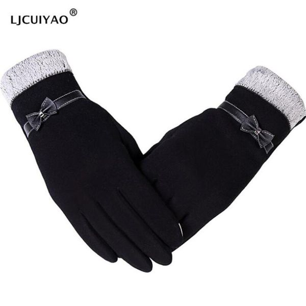 

five fingers gloves ljcuiyao women touched screen ladies guantes winter warm elegant bow splice mittens cashmere female, Blue;gray