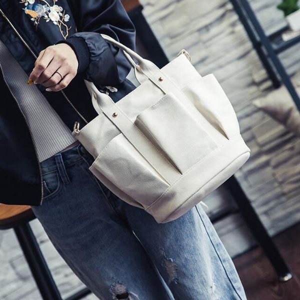 

1pc vintage canvas tote shoulder bags reusable women's handbag shoulder handbags female solid color messenger bag