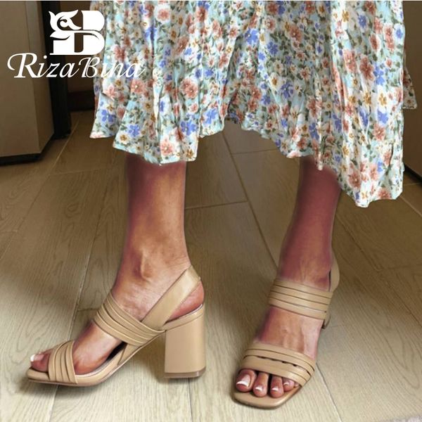 

rizabina new women high heel sandals real leather thick heel shoes woman summer fashion party office ladies footwear size 33-40, Black