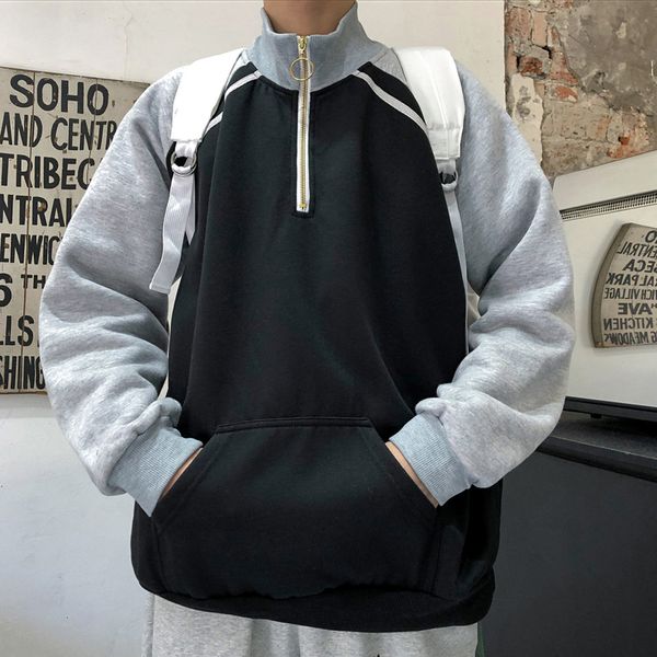 

black hoodies, long sleeve zipper hoodie, mens harajuku loose high neck sweatshirt, fashionable bf plus size