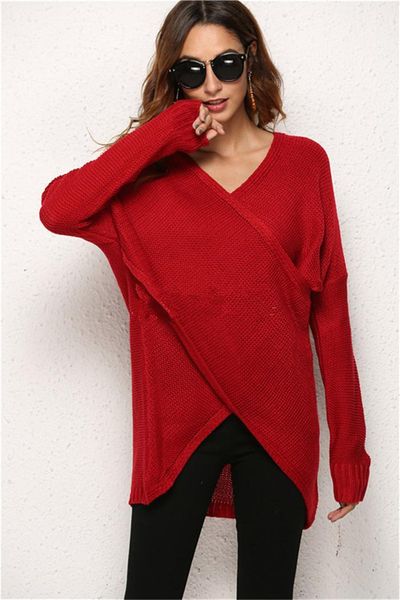 

streetwear нерегулярного пересекающаяся осени женского трикотаж с длинным рукавом v шея вскользь дизайнерские тис свободной весной женской, White