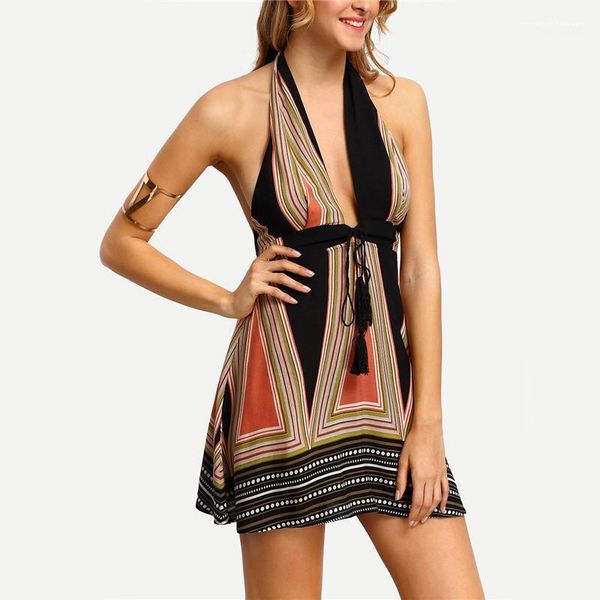 

females clothing irregular print womens casual dresses deep v neck backless halter womens designer dresses casual, Black;gray