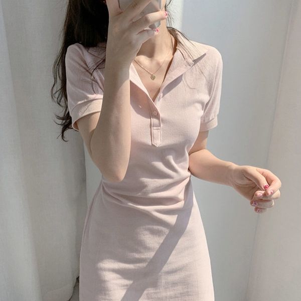 

korean chic style summer new simple hipster peach lace sharp sharp sharppink polo collar waist lace-up short-sleeved dress for women e4qzu e, Black;gray