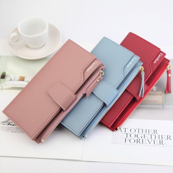 

elegant women leather long wallet buckle strap zipper clutch bag female three layers wallets versatile money cards bags purses, Red;black