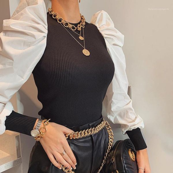 

casual crew neck long sleeve skinny rompers fashion women clothing womens designer puff sleeve panelled jumpsuits, Black;white