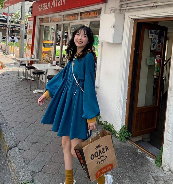 

plus size maternity autumn clothes long lantern sleeve loose corduroy dress pregnant women preppy style turn-down collar dress, White