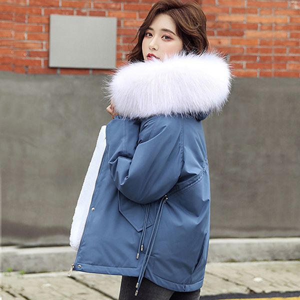 

fur collar hooded coat outwear jacket female students 2020 new winter coat loose heavy hair thick, Black