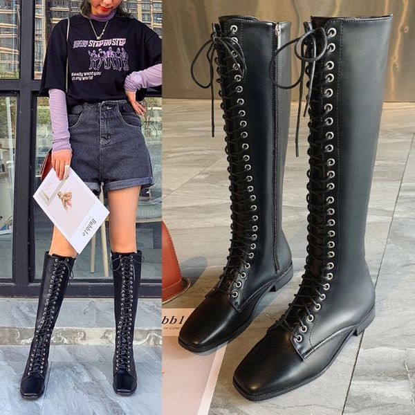 

knee high boots women rubber flock long fashion winter med lace up riding zipper retro square toe boots#g4, Black