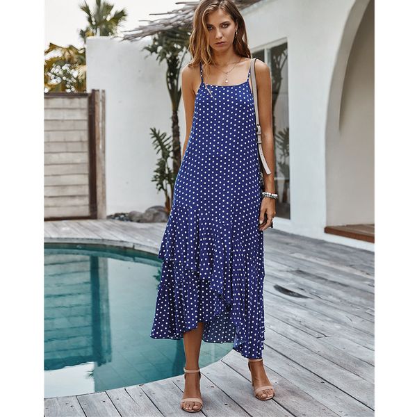 

2020 women lady maxi dress holiday irregular sundress strappy polka dot summer beach ladies sleeveless casual sundress, Black;gray