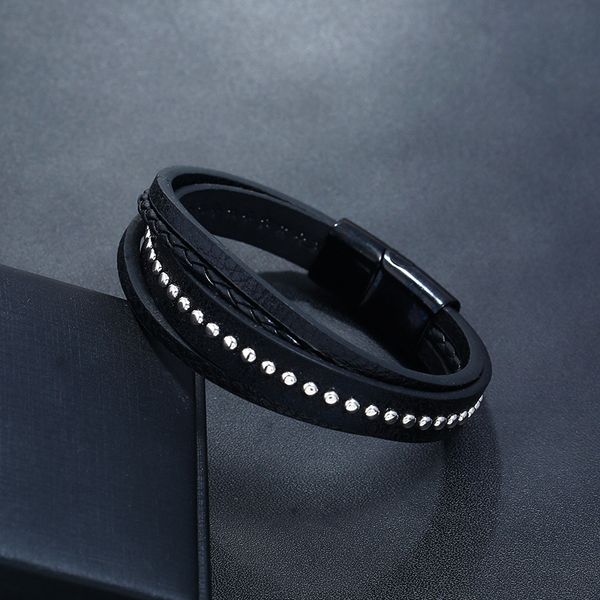 

charm bracelets vintage leather black multilayer braid wrap bangles punk male rivet rope chain wholesale men jewelry, Golden;silver