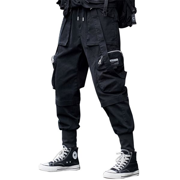 

new fashion mens joggers pants streetwear ribbon side-pocket mens harem pants hip hop trousers male cargo pants male harajuku, Black