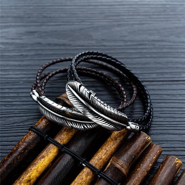 

stainless steel pu leather black color feather decorating charm bracelet new fashion trendy bracelets men jewelry gift, Golden;silver