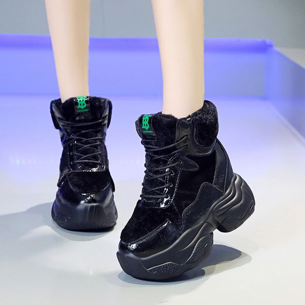 

зимние теплые кроссовки платформы женщина толстый единственные кожаные сапоги повседневная обувь мех снегоступы ботильоны женщины дышащая об, Black