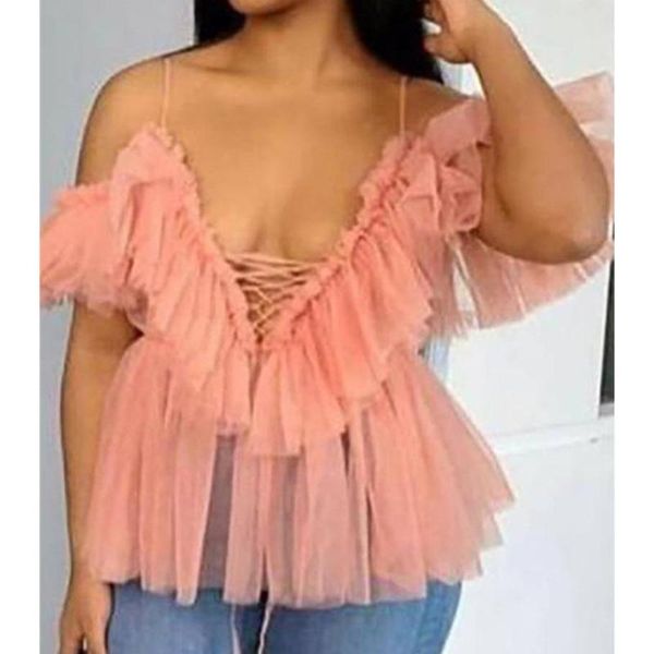 

simple spaghetti mesh blouse off shoulder party female vintage ruffles shirt peach, White