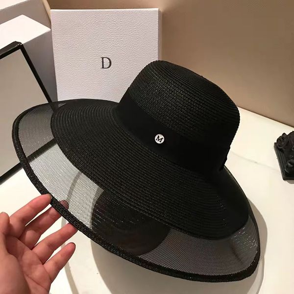 

хепберн стиль hat summer big брим зонт соломенная шляпка моды holiday beach mesh соломы строчка вс, Blue;gray