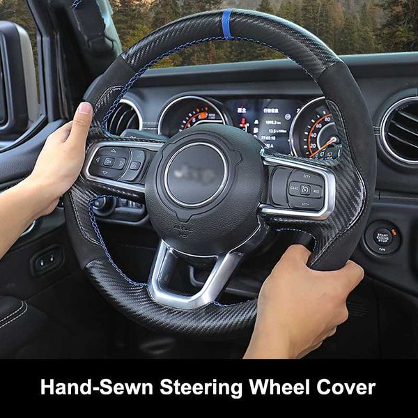 

qhcp car steering wheel cover genuine leather suede carbon fiber style hand stitching hand-sewing for wrangler jl 2020 2020