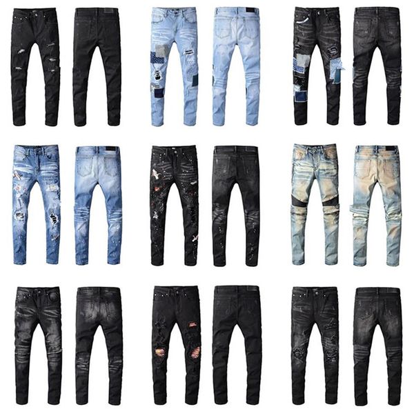 

jeans new fashion mens stylist black jeans skinny ripped destroyed stretch slim fit hop hop pants with holes for men, Blue