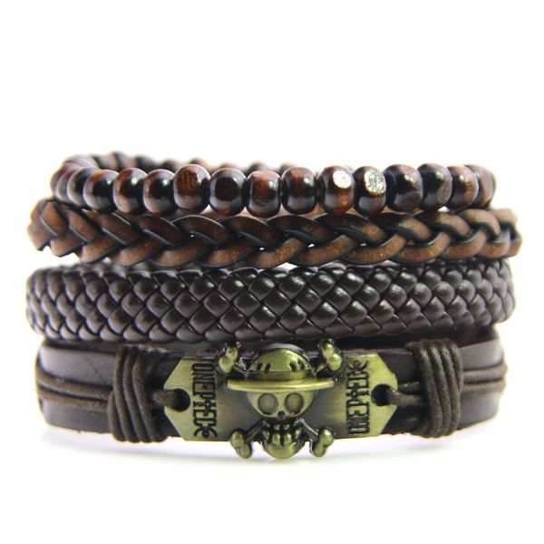 

new fashion accessory skull bead leather bracelets & bangles for women 4 pcs 1 set multilayer wristband bracelet men pulseira, Golden;silver