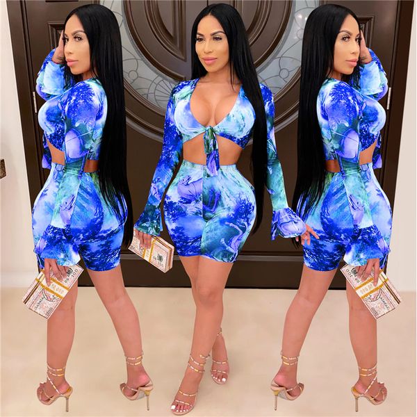 

2020 women transparent clothing set summer painting mesh see though v-neck long sleeve short tee shorts suit two piece set, Gray
