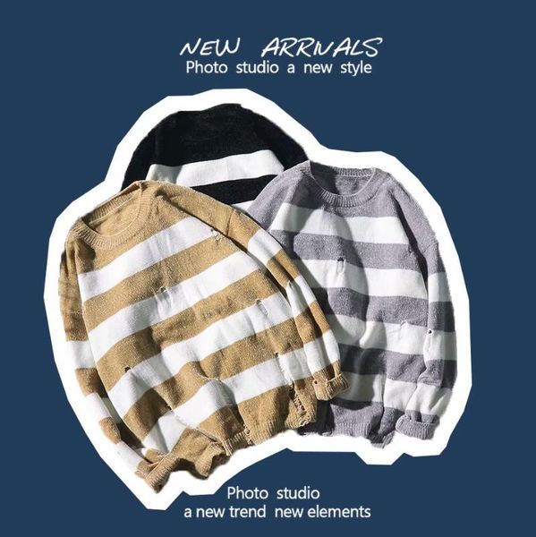 

men's sweaters bxyichen original personality hole lazy loose casual wild round neck striped long sleeve pullover sweater, White;black