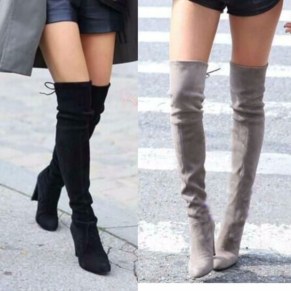 

women boots faux suede women over-the-knee-boots lace-up high heel shoes woman female thigh-high-boots boats 35-43 rome, Black
