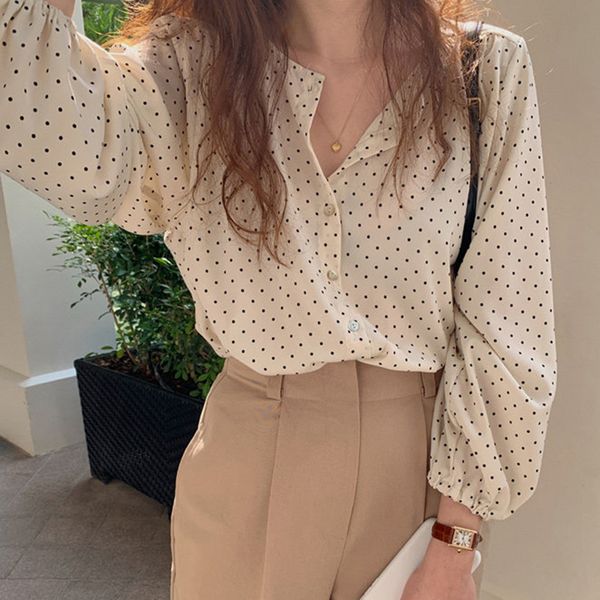 

ggright chemise femme polka dot chiffon blouse korean style woman shirts 2020 loose button casual ladies womens clothing, White