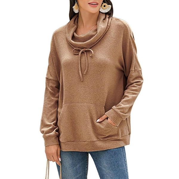 

women faux fleece heap collar pocket long sleeve sweatshirt pullover blouse heap collar pocket loose style regular, Black