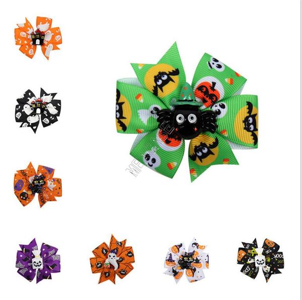 

3inch halloween bows barrettes bowknot kids hairpin ghost pumpkin cartoon print hair clip ribbon children hair accessories headdress d9701, Slivery;white