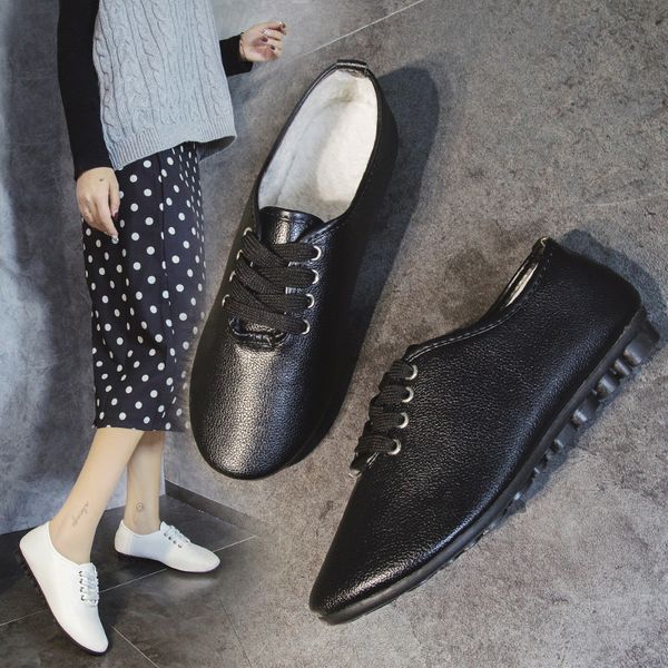 

2020 women spring ballet flats shoes soft leather female loafers round toe slip on flat lace-up white shoes ladies oxford, Black