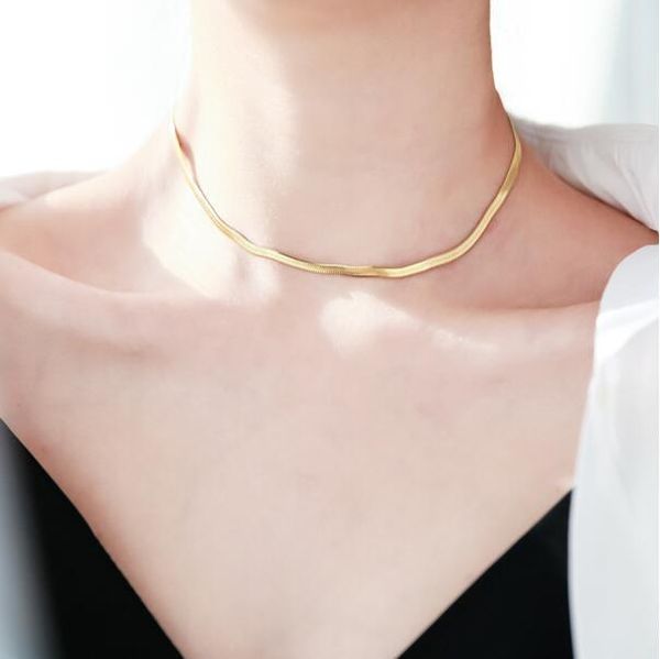 

3mm gold blade chain choker necklace women flat snake chain gift snake shape cos wind clavicle female, Silver
