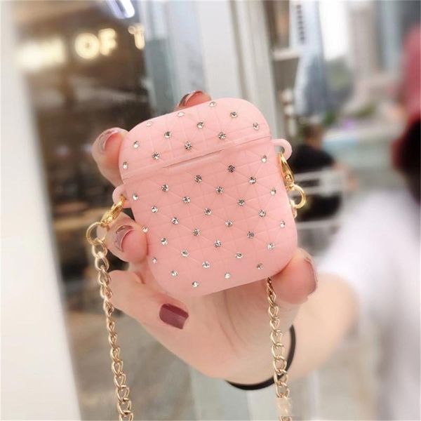 

tpu diamond with chain case for apple airpods case wireless bluetooth earphone case charging box protection cover for airpods 2