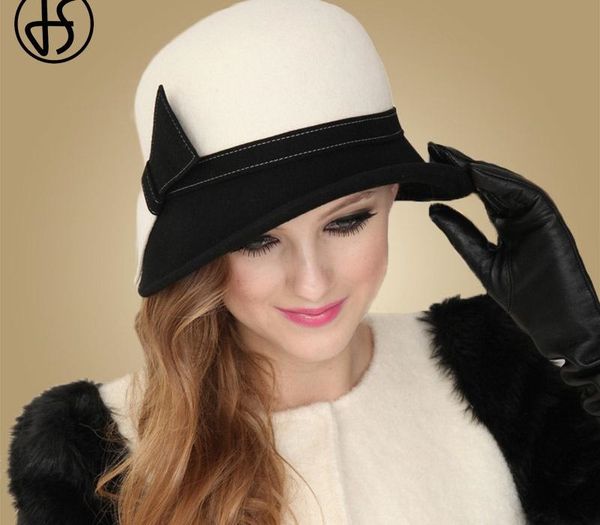 

fs wide brim white wool hats bow bowler fedora hat for women chapeau femme feutre winter cloche ladies church felt fedoras caps y200102, Blue;gray