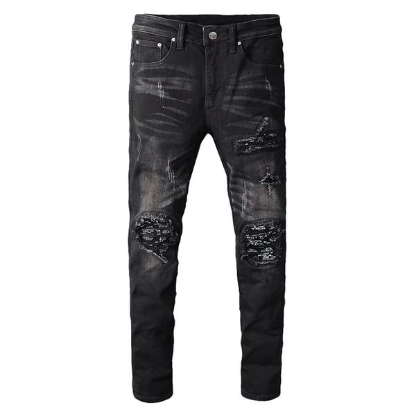 

big size men slim jeans denim trousers men's black ripped jeans holes patchwork stretch denim pants skinny for man 609, Blue